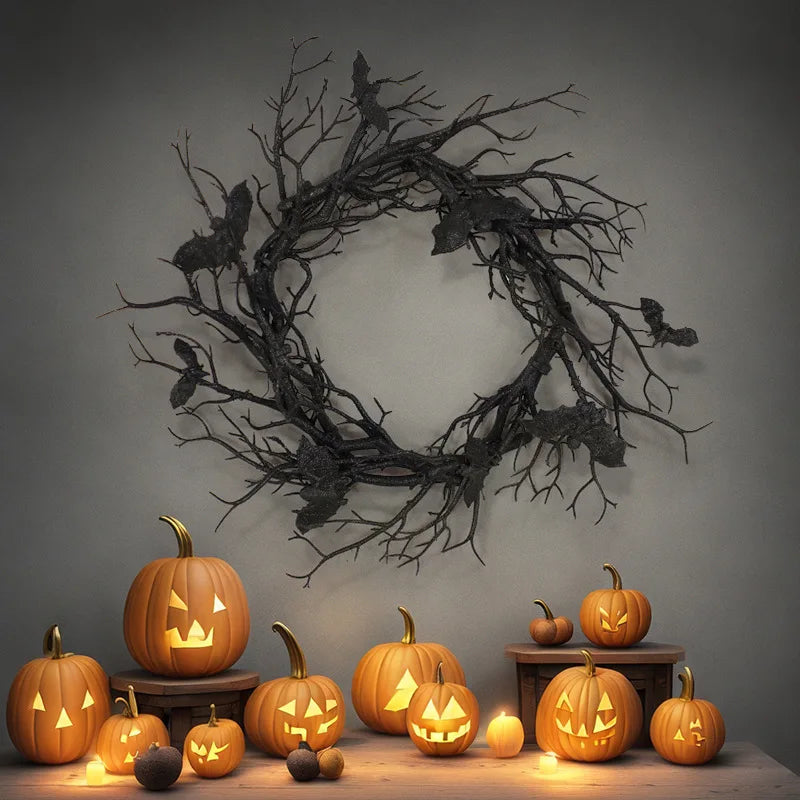 Halloween Wreath For Front Door Artificial Wreath Bat Black Branch Wreaths With LED Light Window Home Decor Halloween Decoration