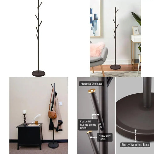 Freestanding Metal Coat Rack With 6 Hooks And Weighted Base