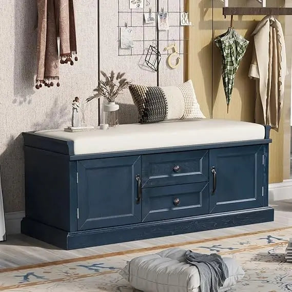 Storage Bench With Drawers And Cabinets Removable Cushion