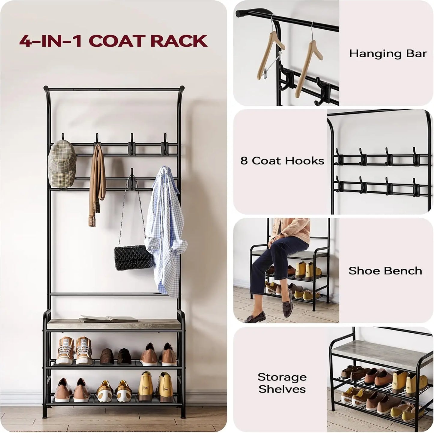 Three In One Hall Tree With Shoe Rack And Coat Hooks