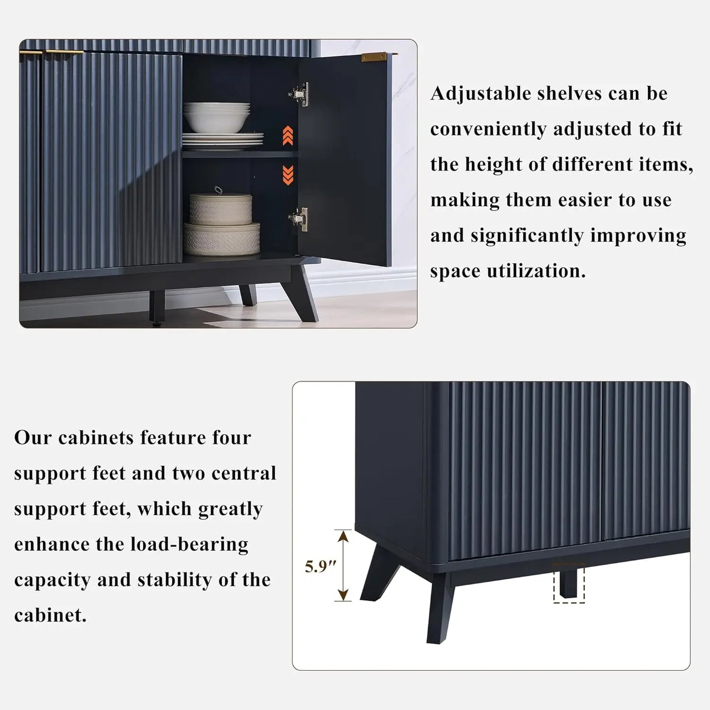 XMSJH Dark Grey Sixty Inch Fluted Buffet Sideboard Storage