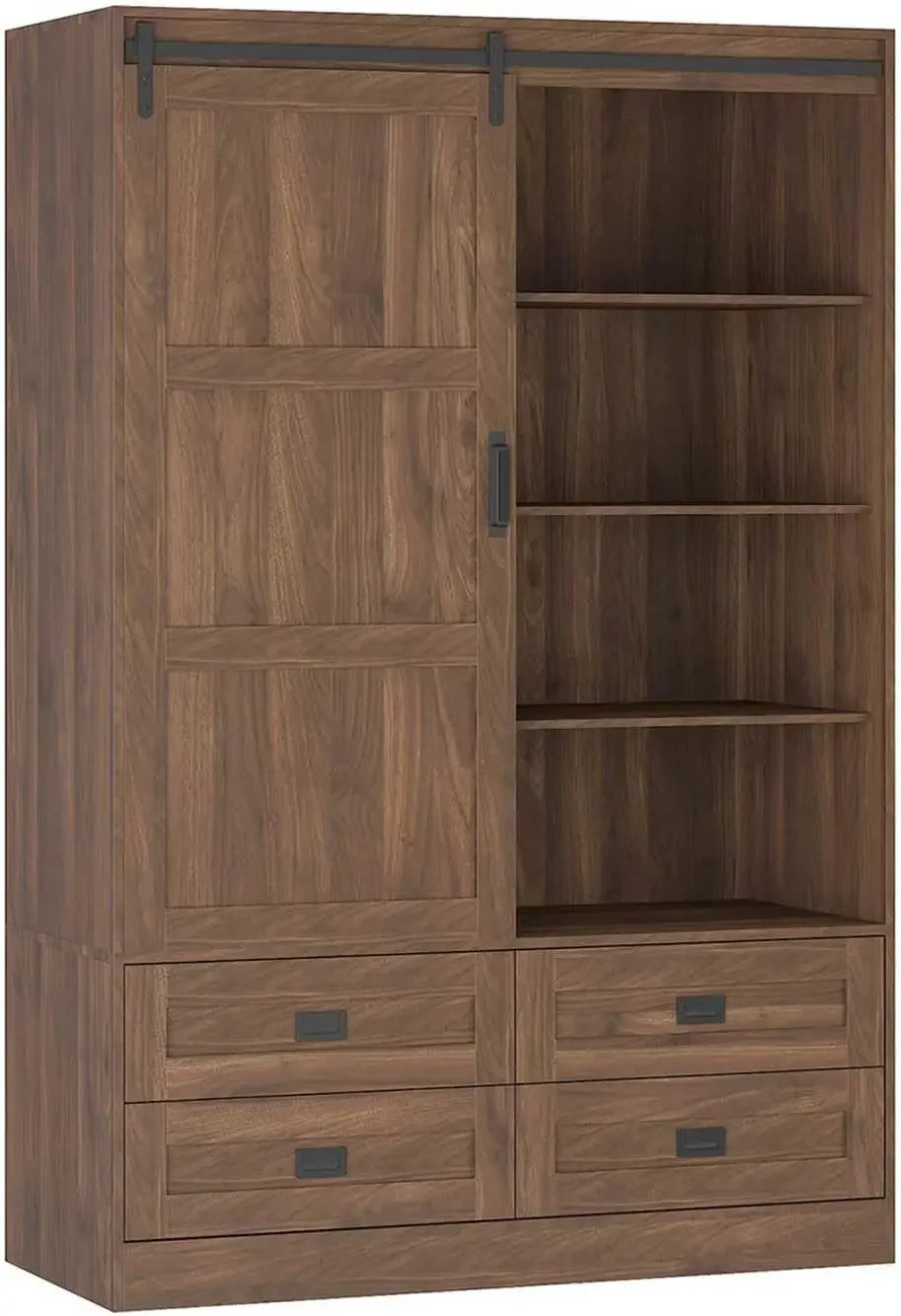 Freestanding Wooden Armoire Wardrobe With Sliding Barn Door And Drawers
