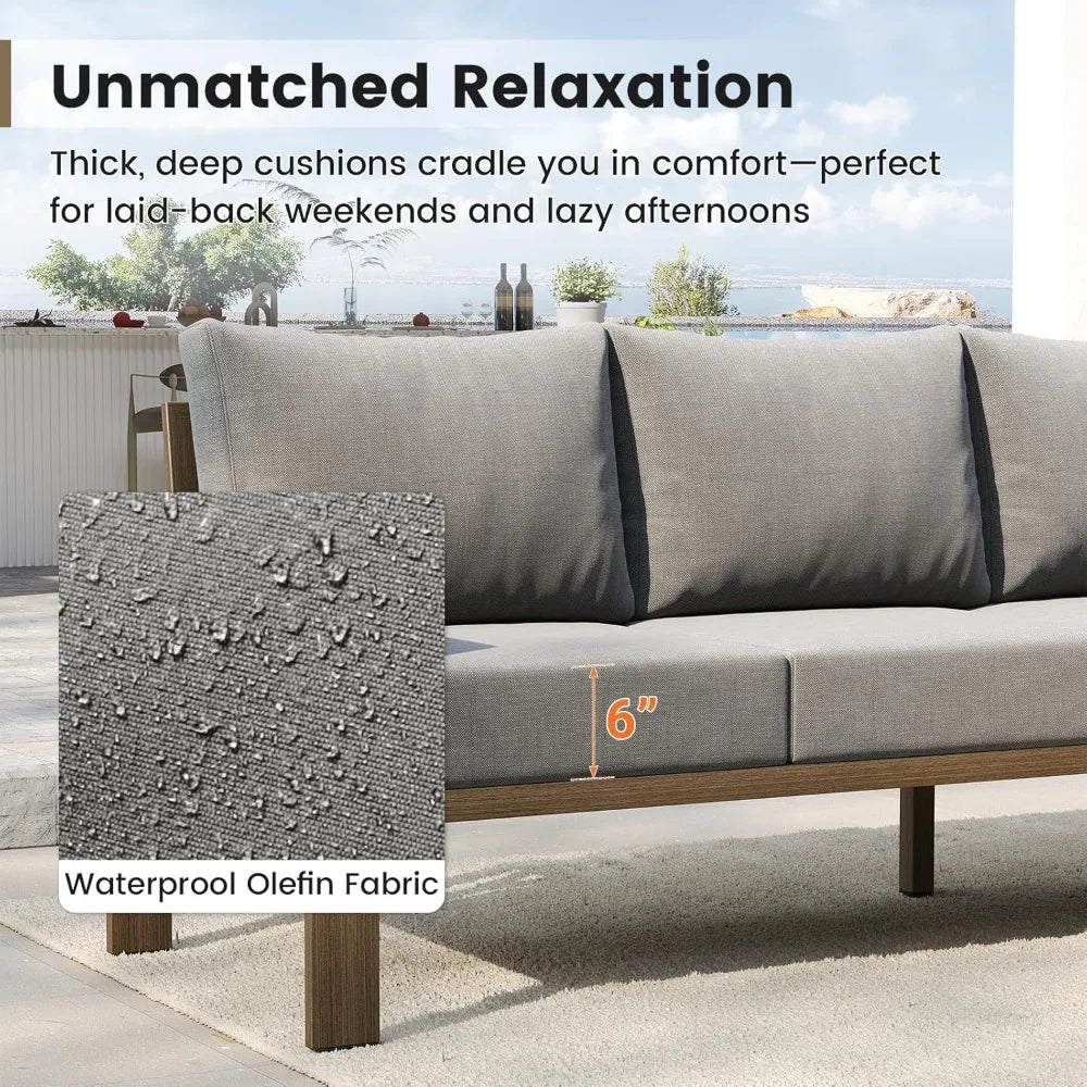 ZHUXIANG Outdoor Patio Furniture Set Faux Wood Metal Sectional Sofa With Olefin Cushions And Coffee Table
