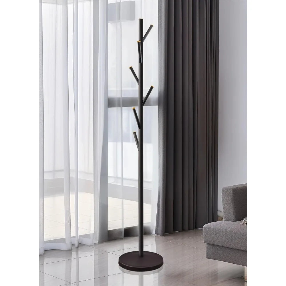 Freestanding Metal Coat Rack With 6 Hooks And Weighted Base