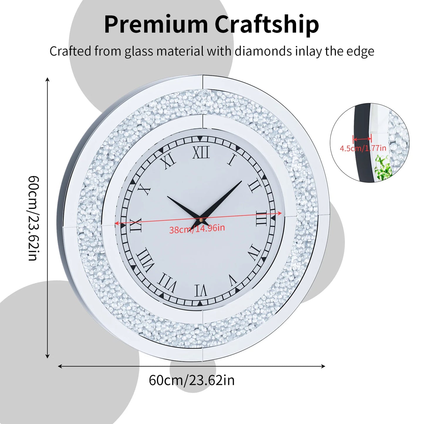 Glam Sparkle Bling Silver Round Mirror Wall Clock Decor