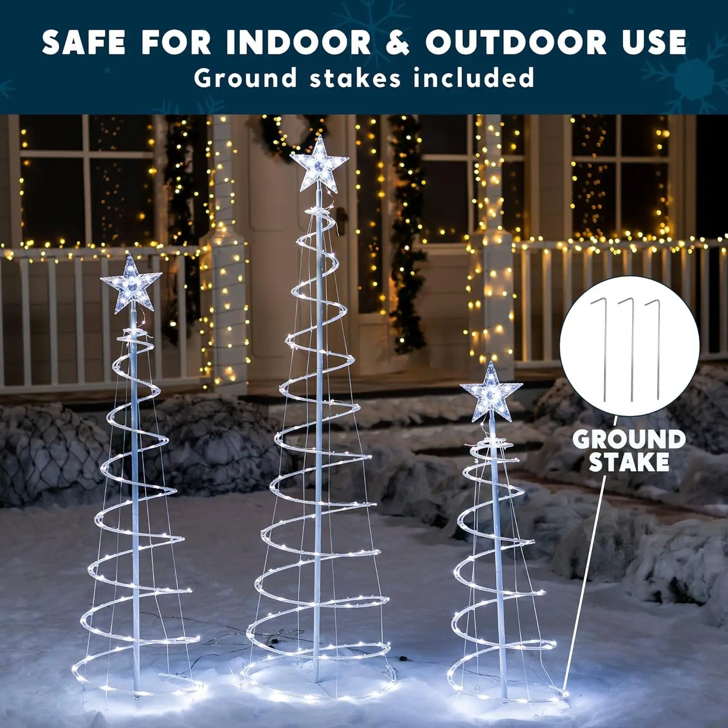 JOYFY 3 Pack Spiral Christmas Tree Light 218 LED Lighted Tree with Star Topper & Stakes for Christmas Decorations Xmas Eve Night