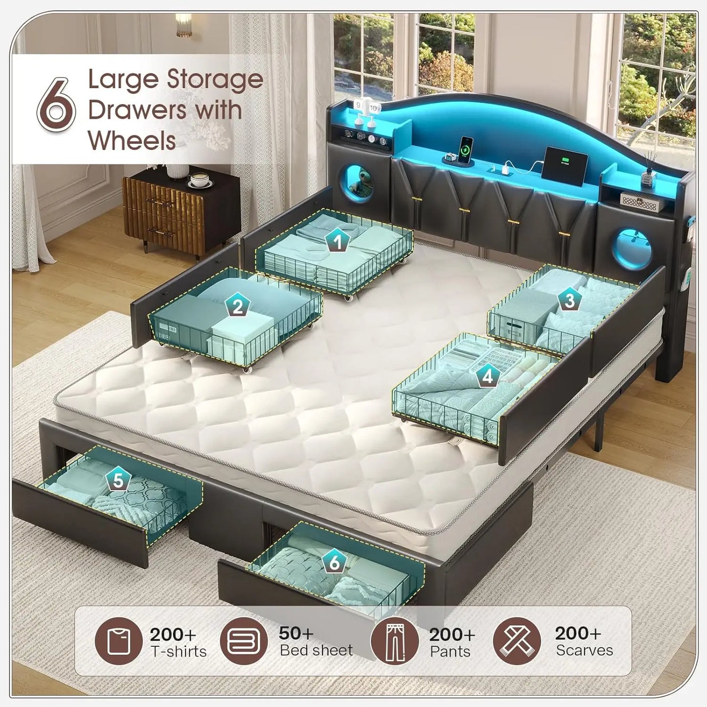 Cal King Bed Frame Storage Headboard 6 Drawers LED Lights Charging Station Noise-Free Easy Assembly PU Customized