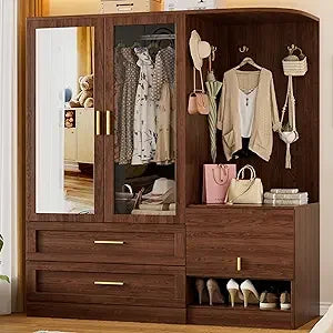 Wooden Farmhouse Armoire Wardrobe With Mirror Freestanding Closet