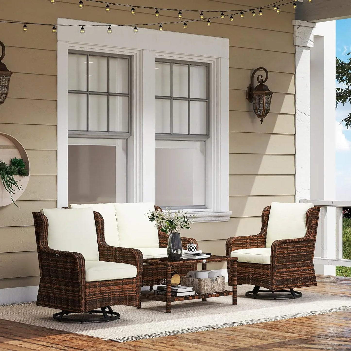 4 Piece PE Rattan Outdoor Patio Furniture Set, Wicker Conversation Set with 2 Swivel Glider Chairs, 2-Tier Glass, Customized