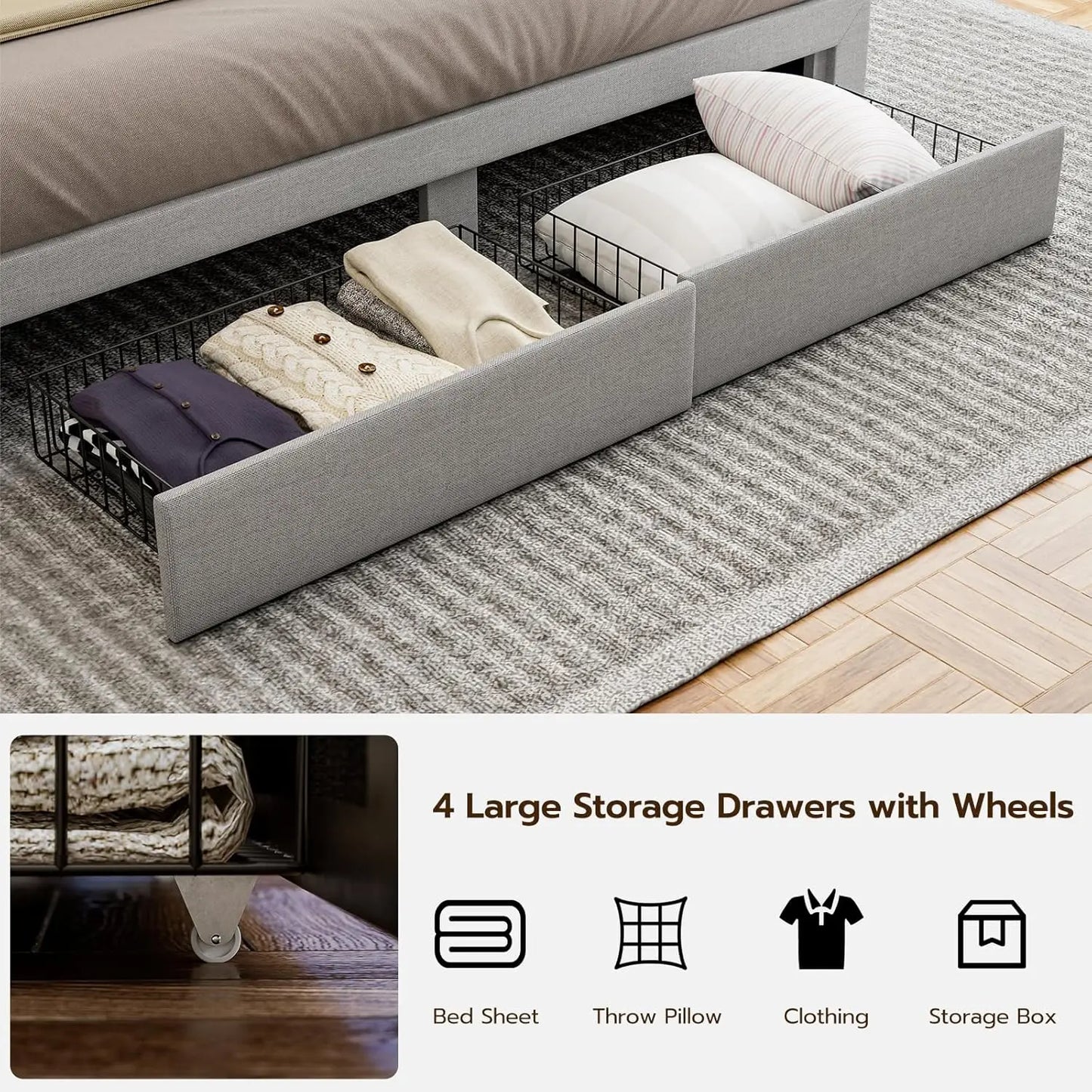 California King Bed Frames with 4 Drawers, Hidden Storage Headboard with LED Lights and Charging Station, Upholstered Cal King P