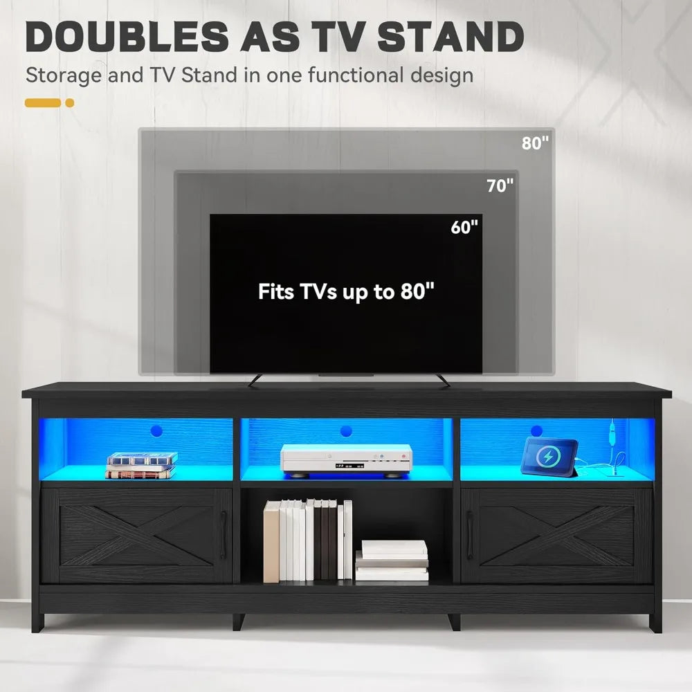 Farmhouse TV Stand for 70 75 80 Inch TVs With LED Lights