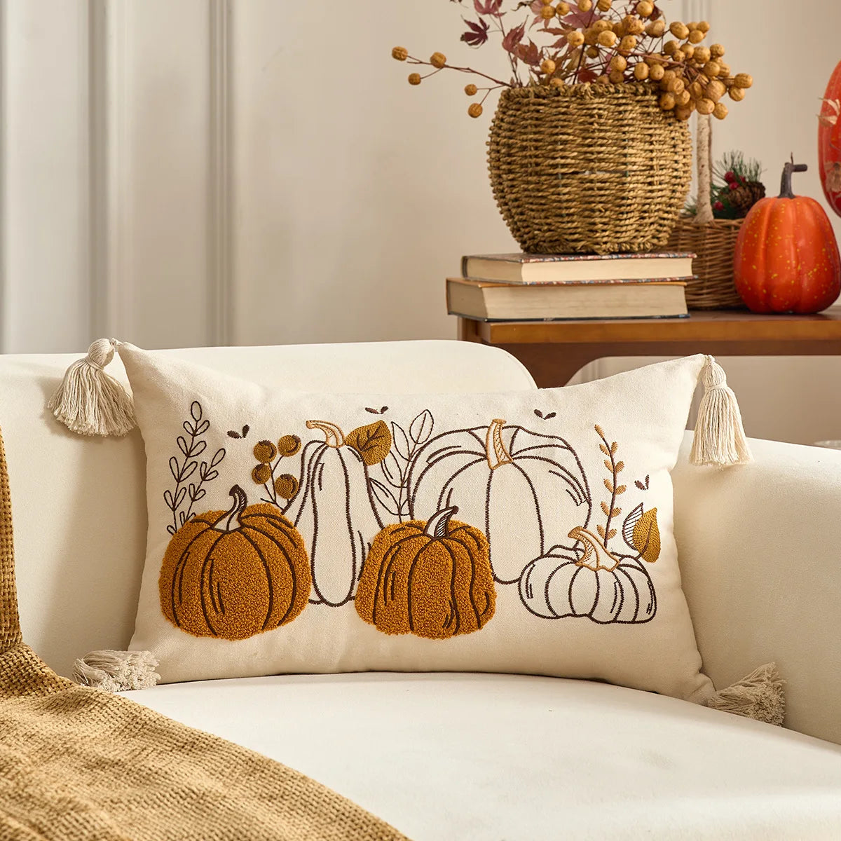 Halloween Tufted Throw Pillow Cover Thanksgiving Maple Pumpkin Square Cushion Cover for Home Living Room Party DIY Fall Decor