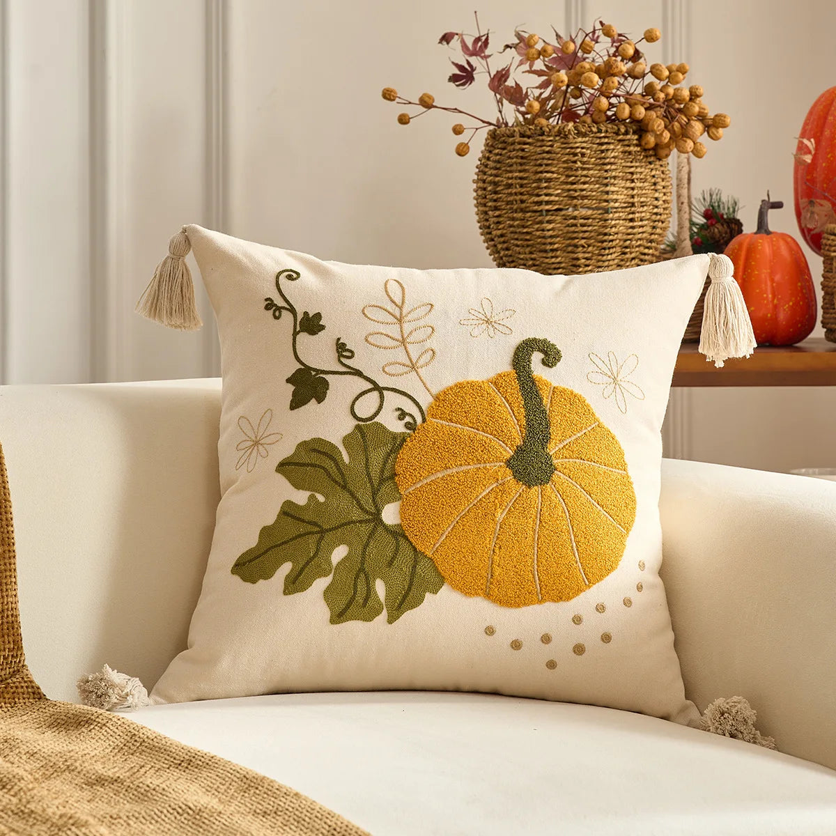 Halloween Tufted Throw Pillow Cover Thanksgiving Maple Pumpkin Square Cushion Cover for Home Living Room Party DIY Fall Decor
