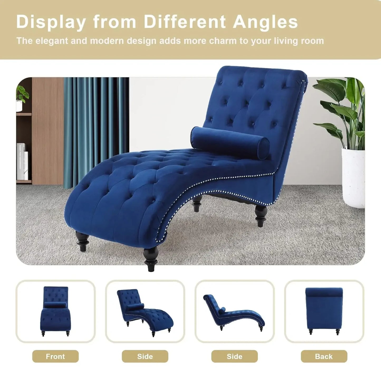 Velvet Button-Tufted Chaise Lounge Chair Indoor Comfortable Seating with Pillow Upholstered Customizable for Bedroom Living Room