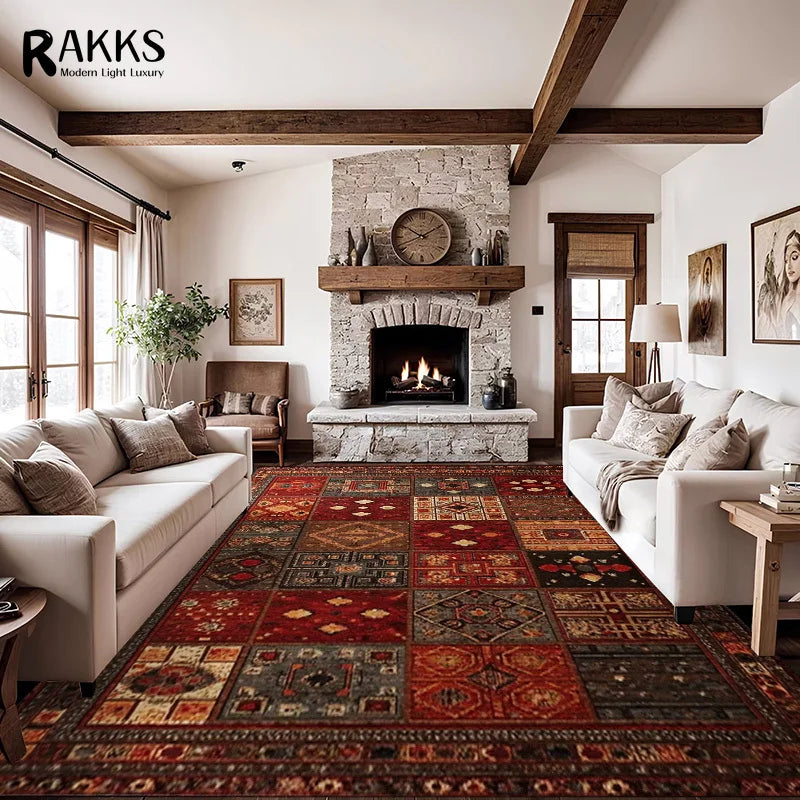 RAKKS Large Retro Red Ethnic Style Patchwork Carpet Area Rug Non-slip Living Room Decor Sofa Rug Bedroom Bedside Rug Floor Mat