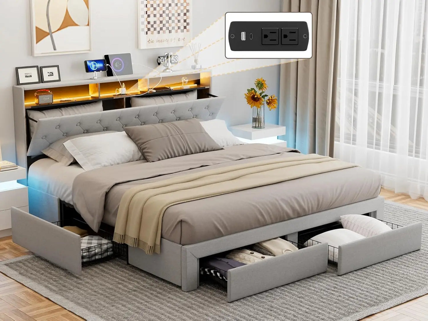 California King Bed Frames with 4 Drawers, Hidden Storage Headboard with LED Lights and Charging Station, Upholstered Cal King P