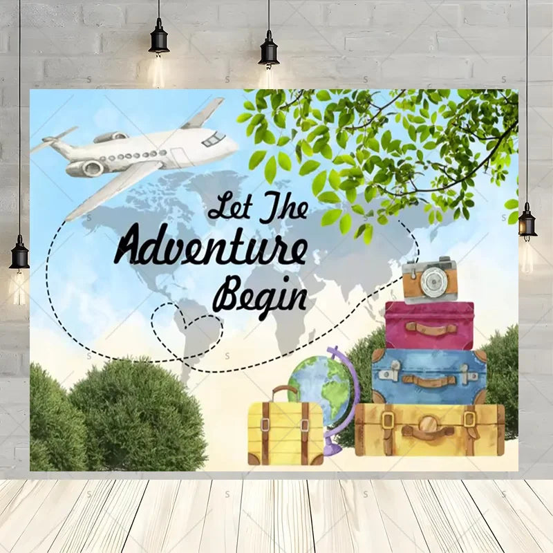 Let The Adventure Begin World Airplane Graduation Backdrop