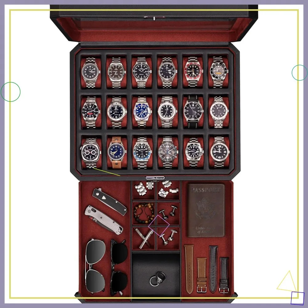 18-Slot Luxury Watch Box with Drawer, Real Glass Top, Lockable Display Case for Men's Collections (Black/Red)