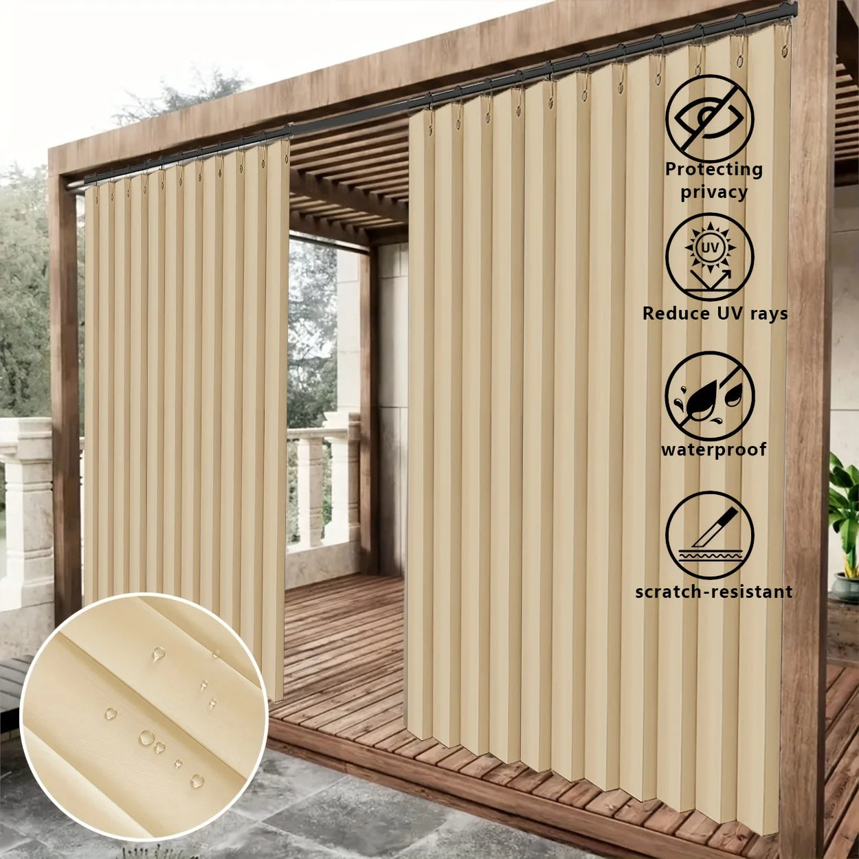 1Panel, Outdoor High-Temperature Shaped Crumpled Waterproof Curtains, Simple Modern Country Outdoor Waterproof Curtains for Outdoor Courtyard Balcony Swimming Pool Terrace Partition Decorative Windows