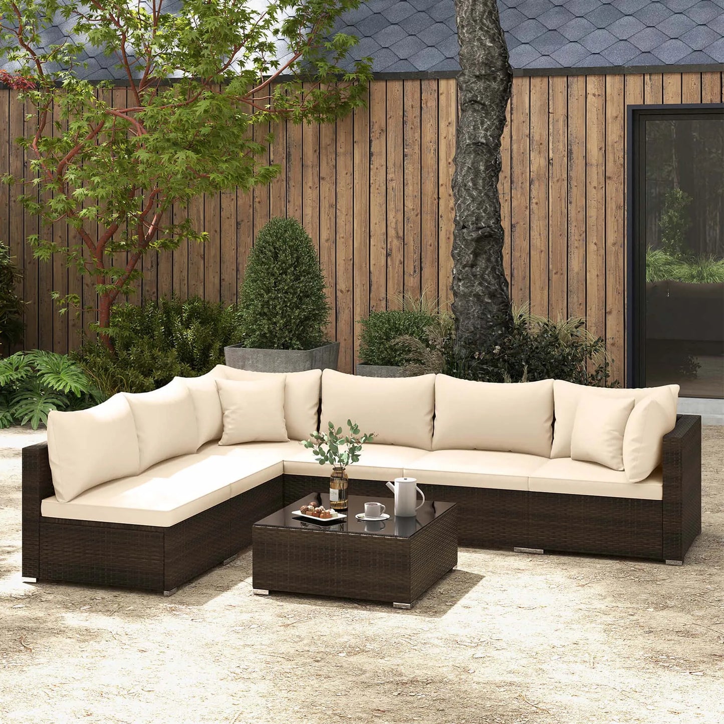 7 Pcs Patio Rattan Furniture Set Cushioned Sectional Sofa