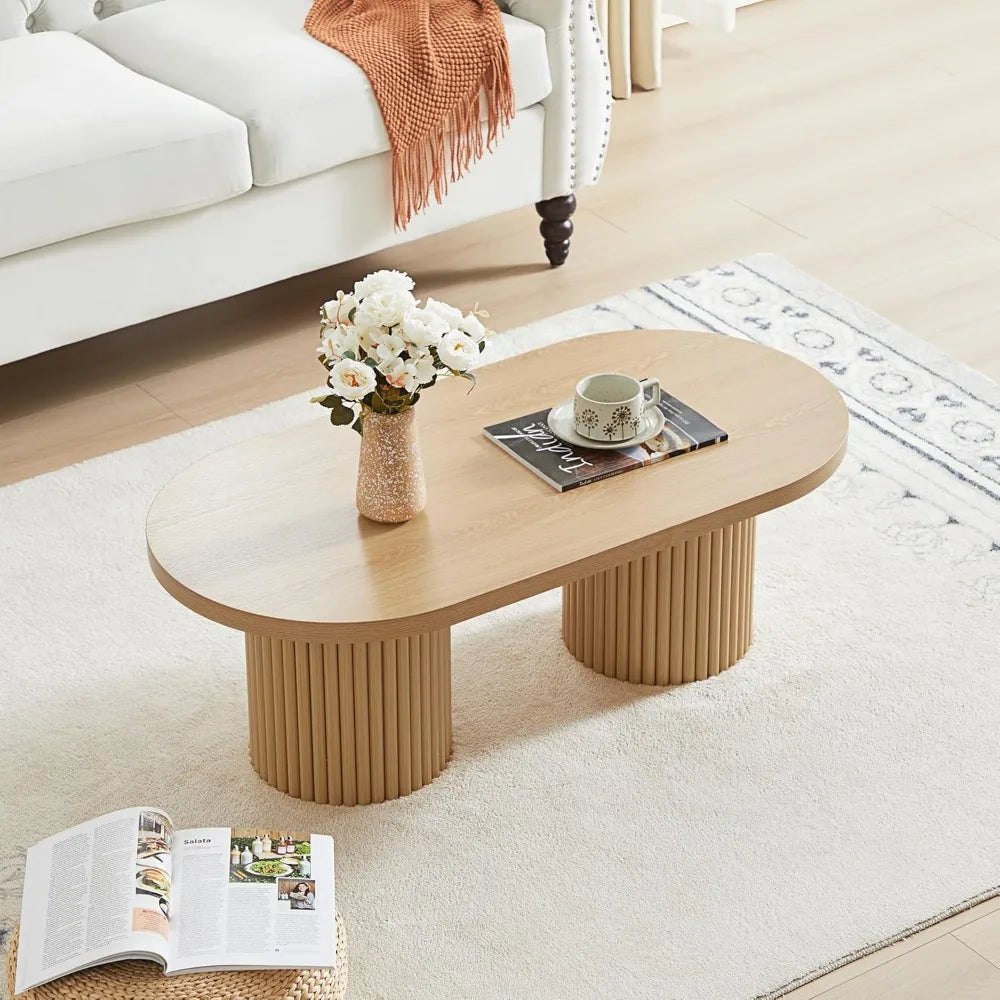 Oval Fluted Wood Coffee Table Farmhouse Mid Century Modern