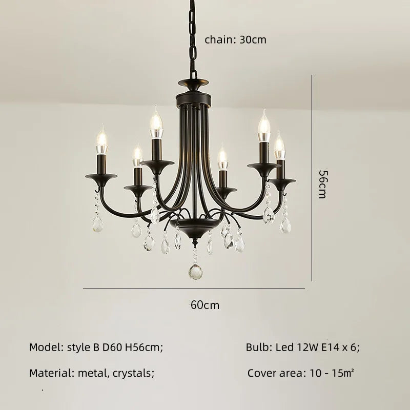 American Black Metal E14 Led Chandelier Living Room Crystal Hanging Lamp Art Decor Home Lighting Led Lamparas Luminarias