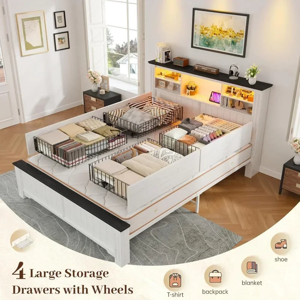 flash sale Bestsellerenhomee full size bed frame with headboard, full bed frame with 4 drawers charging port & led, farmhouse be