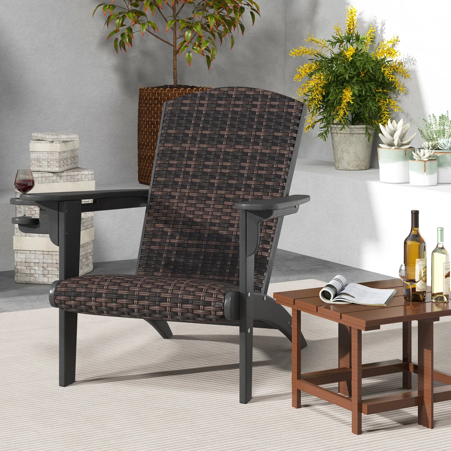 Patio Adirondack Chair w/ Rattan Padded Seat Wide Armrests & Hidden Cupholder