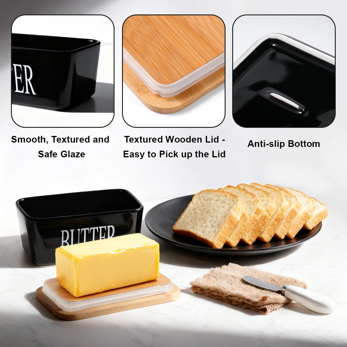 Ceramic Butter Dish With Bamboo Lid Built In Knife And Butter Keeper