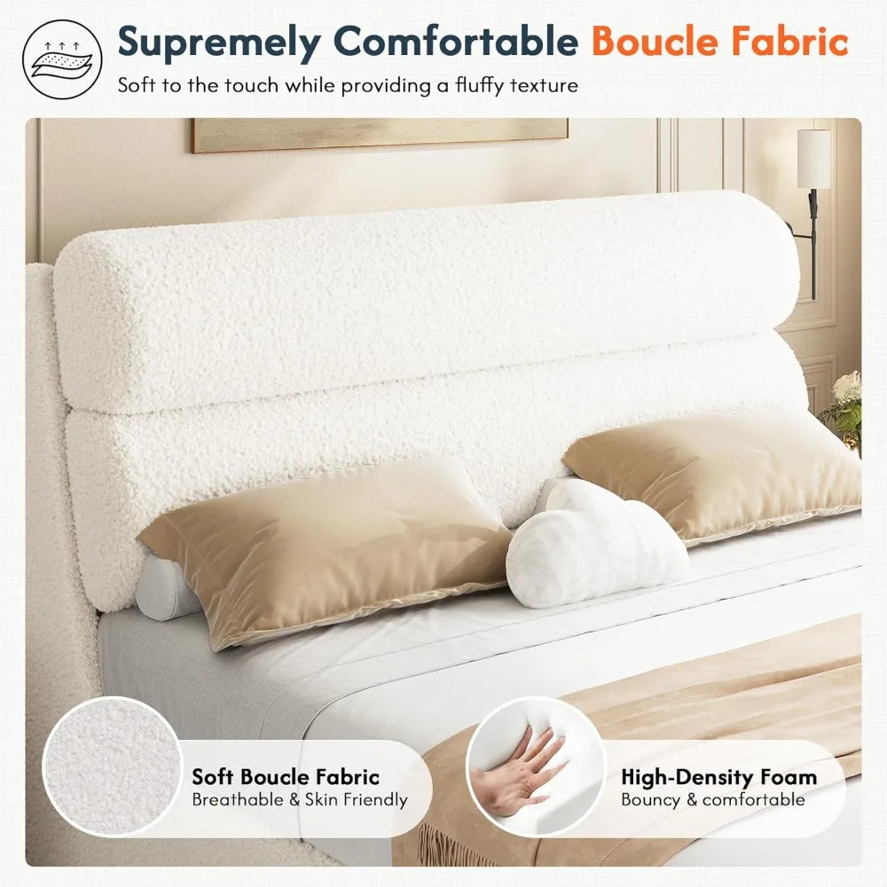 California King Boucle Bed Frame with Headboard, Upholstered Platform Bed, No Box Spring Required, Easy Assembly