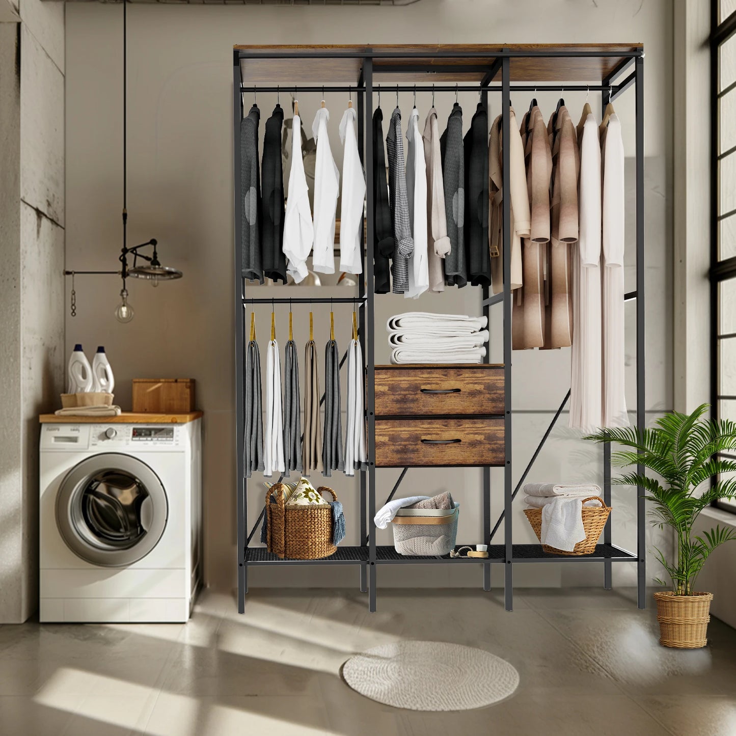 Industrial Coat Rack Stand With Two-Drawer Wardrobe Shelves