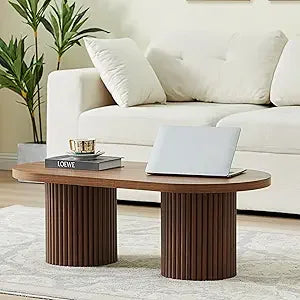 Oval Fluted Wood Coffee Table Farmhouse Mid Century Modern