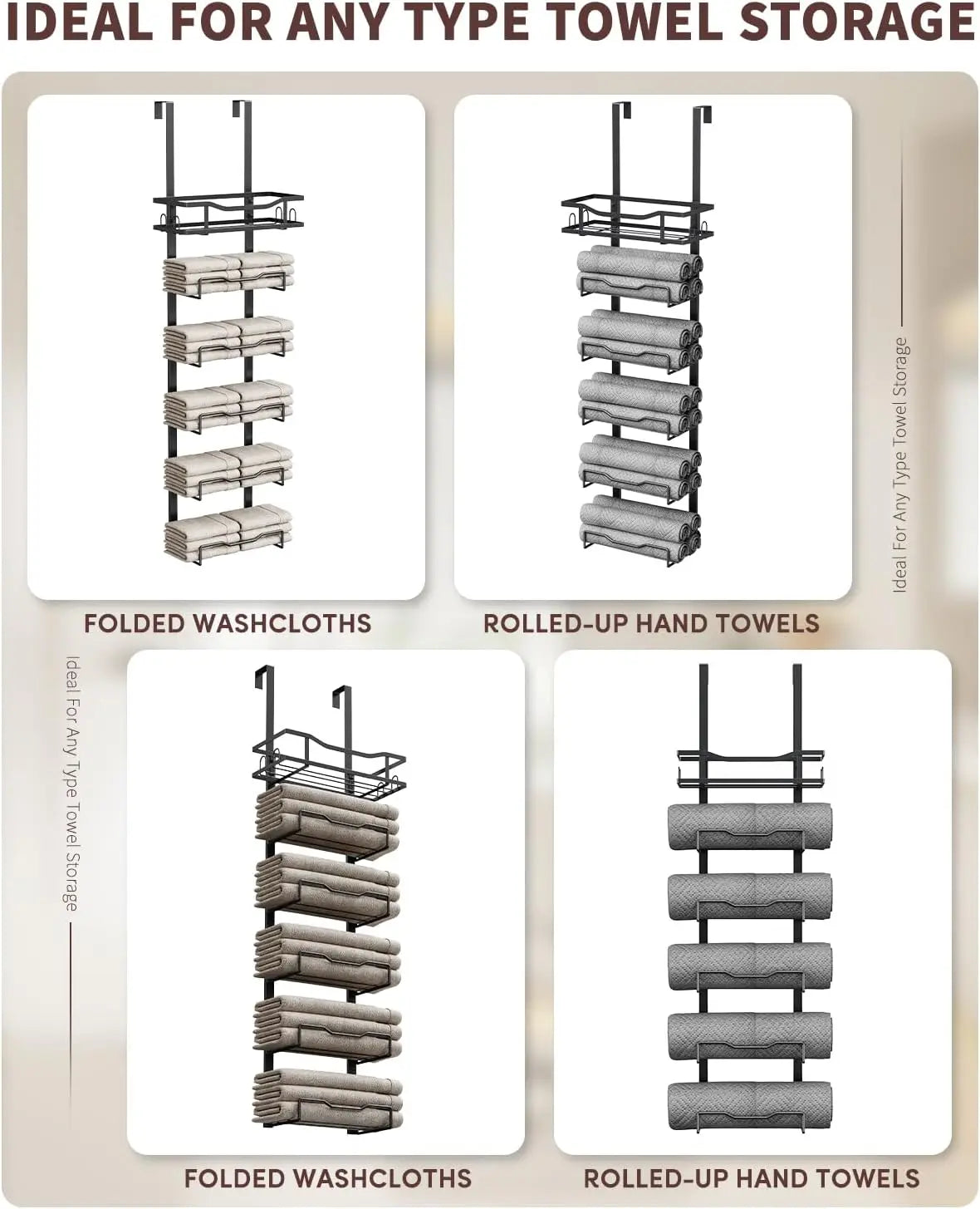 Hanging Towel Racks For Bathroom No Drill - 6-Tier Over The Door Bath Towel Storage Organizer For Small Bathrooms - Tiered Back