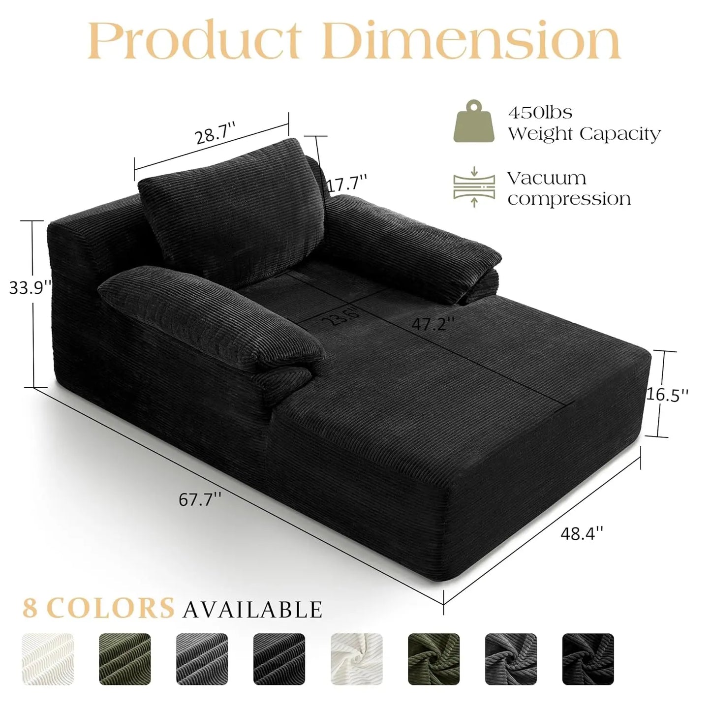 Chaise Lounge Chair, 67.7" Oversized Corduroy Sleeper Chair with Wide Armrests Upholstered Sofa Bed Boneless Couch, Customized