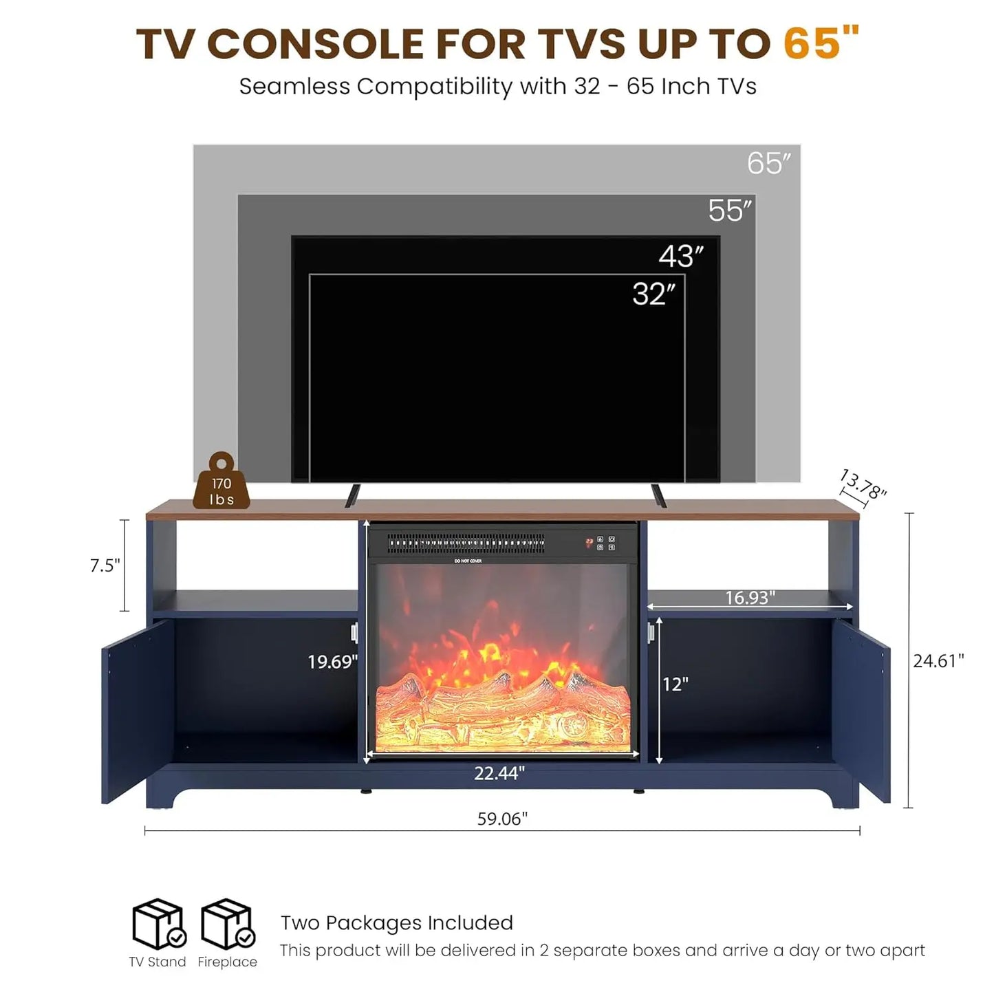 Fireplace TV Stand for Living Room, Farmhouse Entertainment Center with 23" Electric Fireplace for TVs UP to 65",, Customized