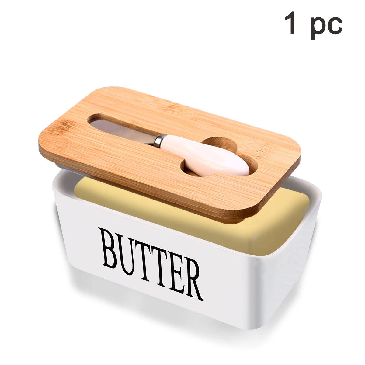 Ceramic Butter Dish With Bamboo Lid Built In Knife And Butter Keeper