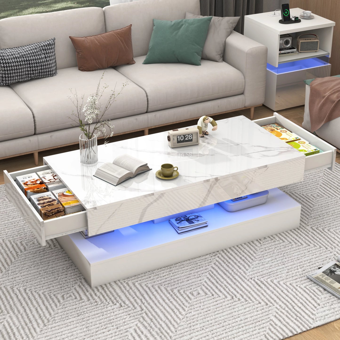 Modern LED Coffee Table With Dual Layer And 2 Drawers