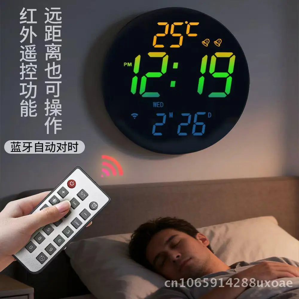 Summer Time Digital Wall Clock Bluetooth Smart Light-Sensing Snooze Alarm with Automatic Time Setting LED Display Thermometer