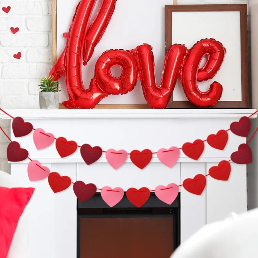 Valentines Day Felt Garland 6 Piece Heart Mantel Wall Decor