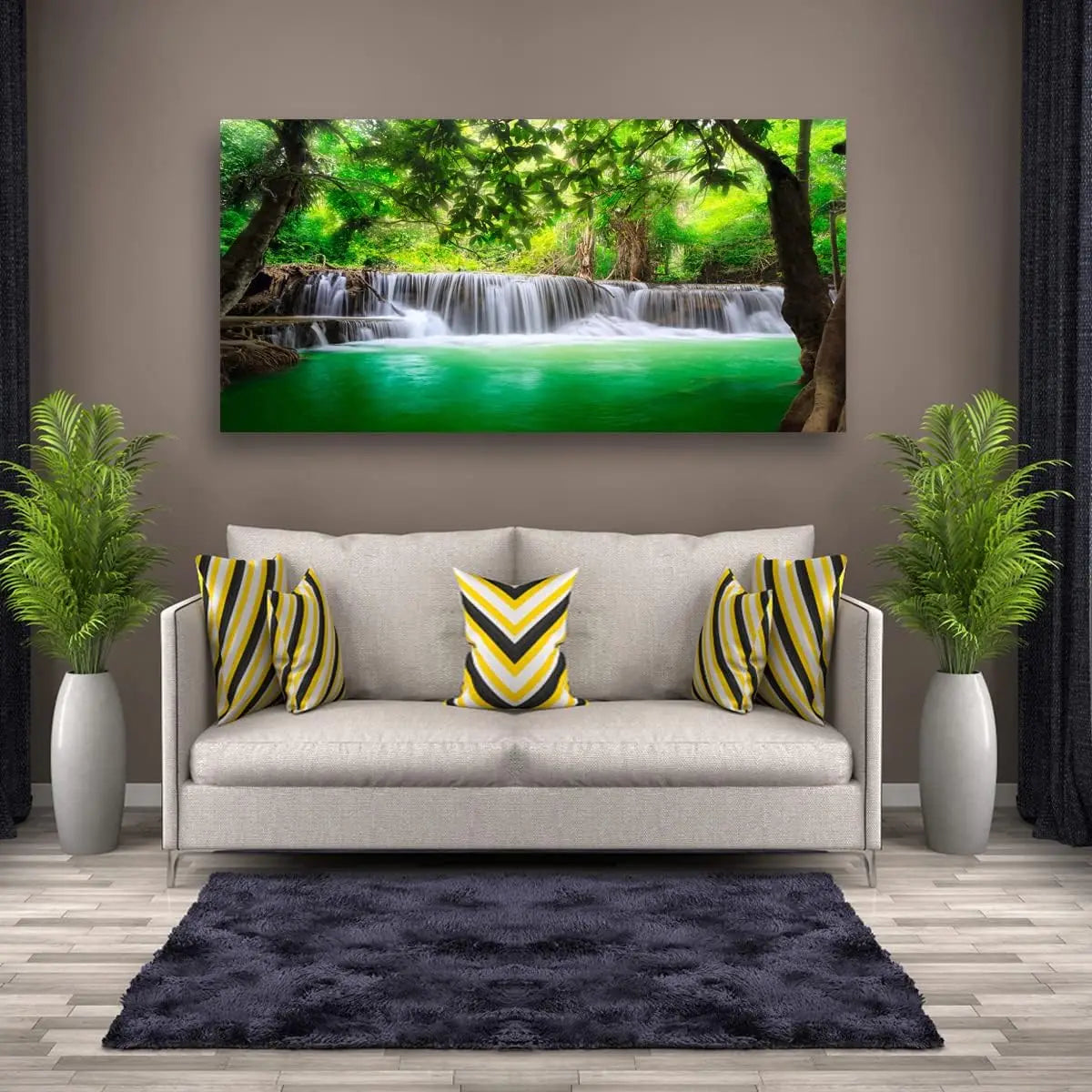 Waterfall Tree Landscape Canvas Wall Art, 50x100cm Framed Painting for Living Room Decor, Waterproof Ready to Hang