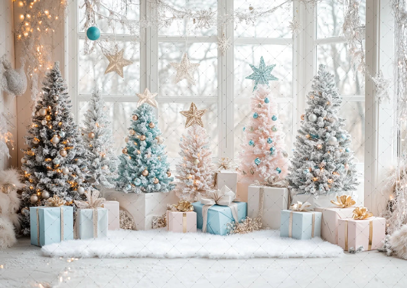Photography Backdrop Christmas Trees Stars Newborn Birthday Portrait Window Tulle Curtains Gift Decor Photo Background