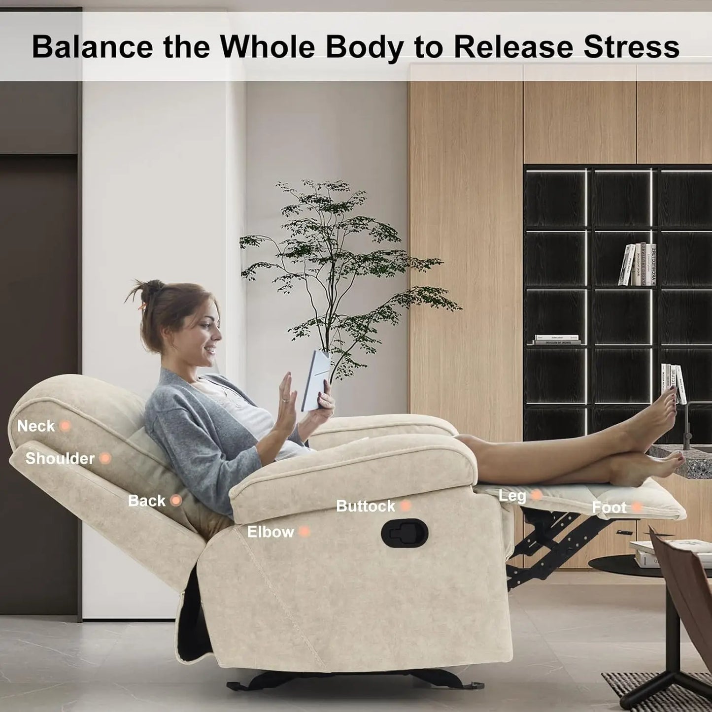 Manual Rocker Recliner Chair for Adults, High Back Glider with Deep Seat, Upholstered Fabric Armchair, Customized