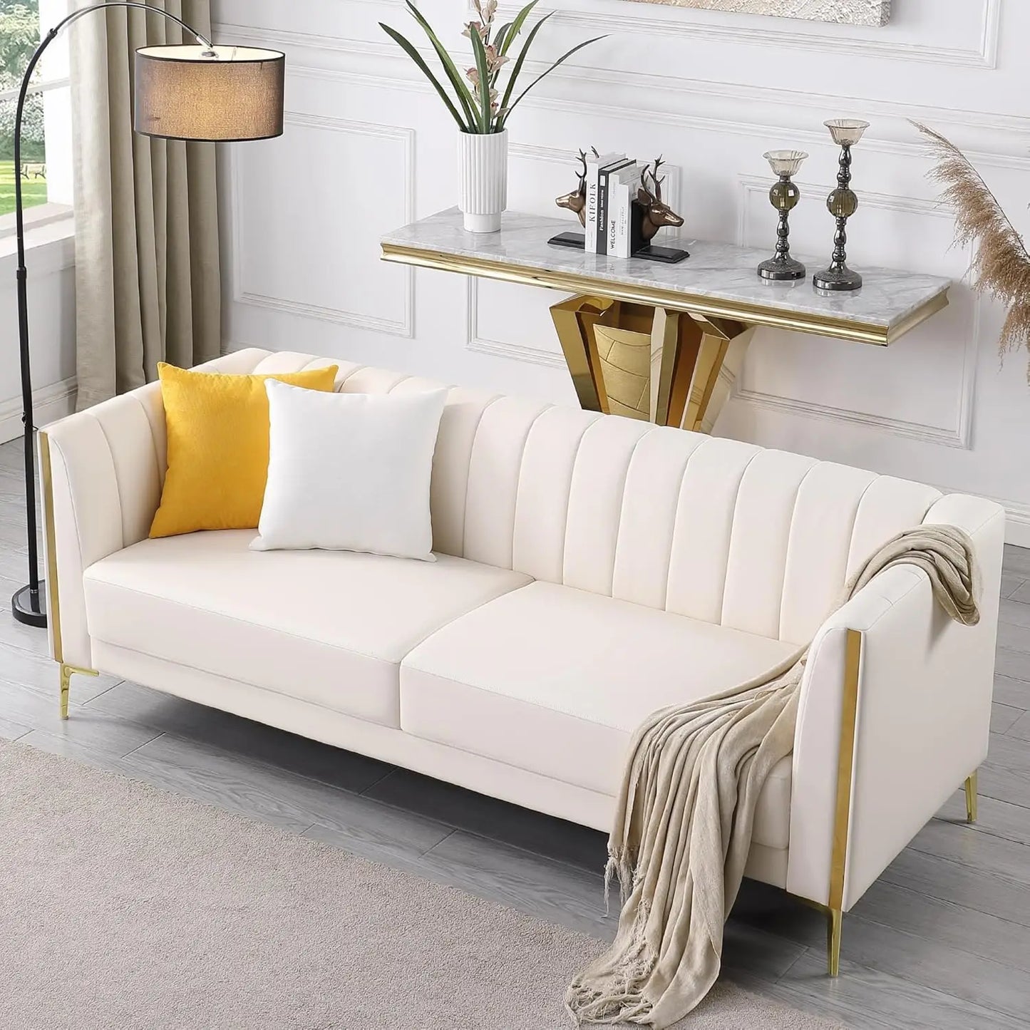 RBXC Modern Sofa With Gold Metal Legs And Throw Pillows
