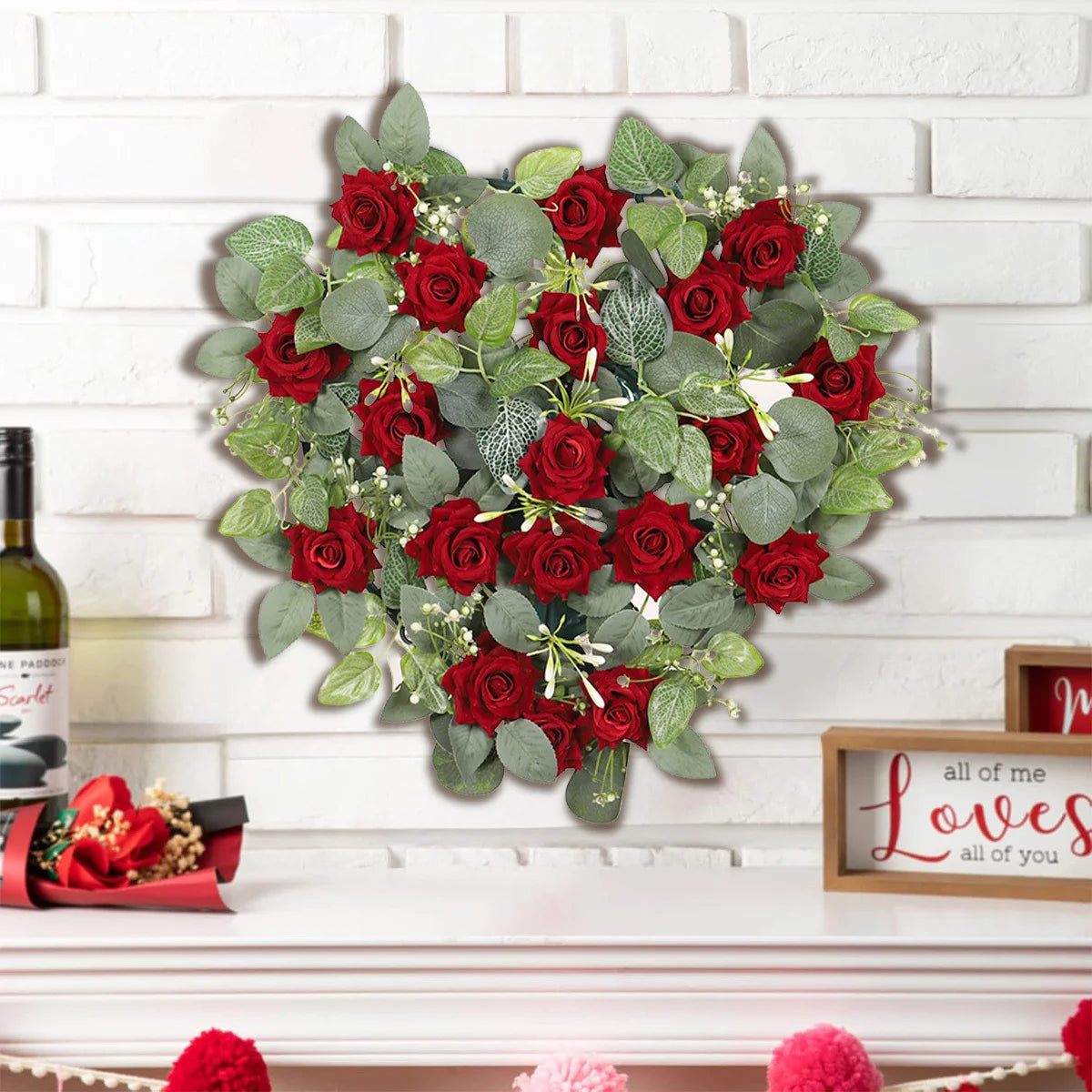 Heart Shaped Red Rose Wreath, Artificial Floral Heart Shaped Garland Valentine's Day Hanging Wreath Wedding Hanging Decoration