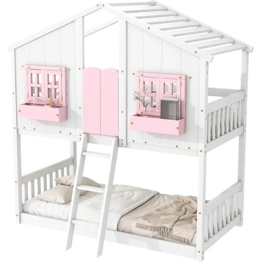Twin-Size Loft Bunk Bed with Room, Storage, and Window for Kids, Pink and White