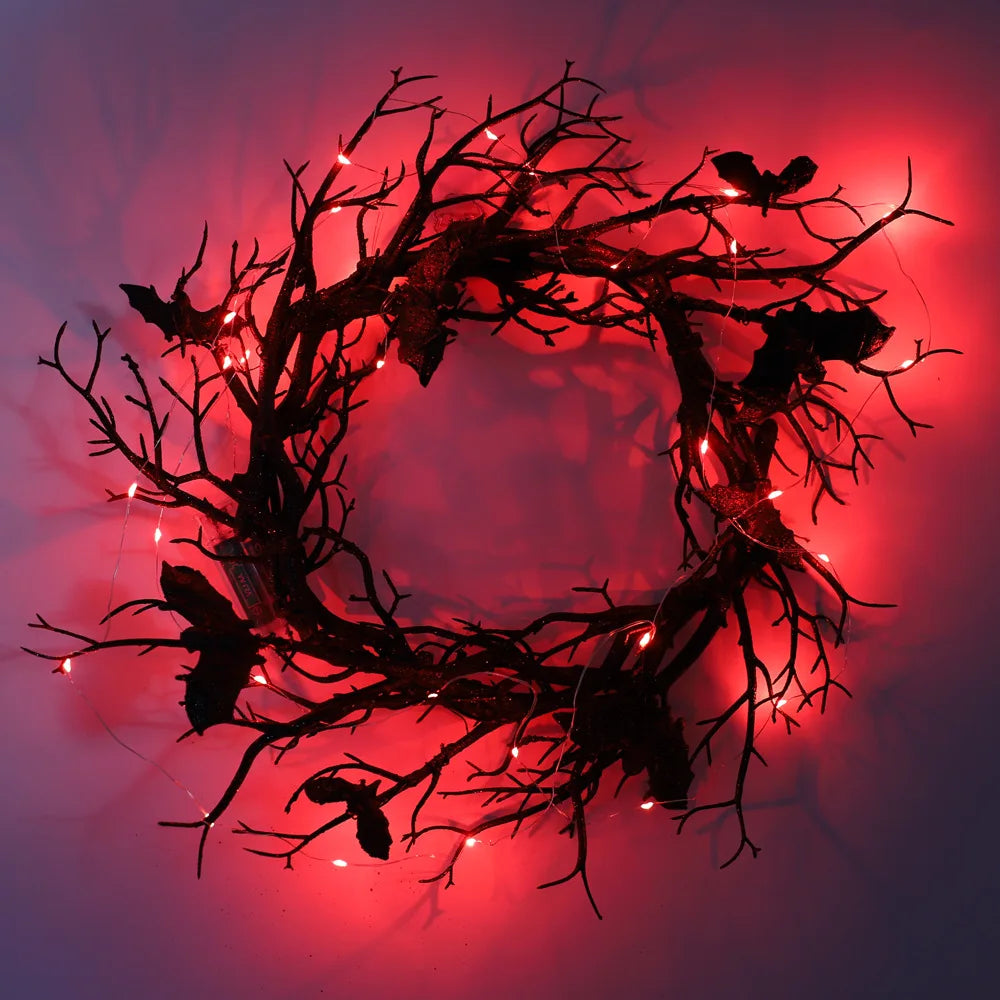 Halloween Wreath For Front Door Artificial Wreath Bat Black Branch Wreaths With LED Light Window Home Decor Halloween Decoration
