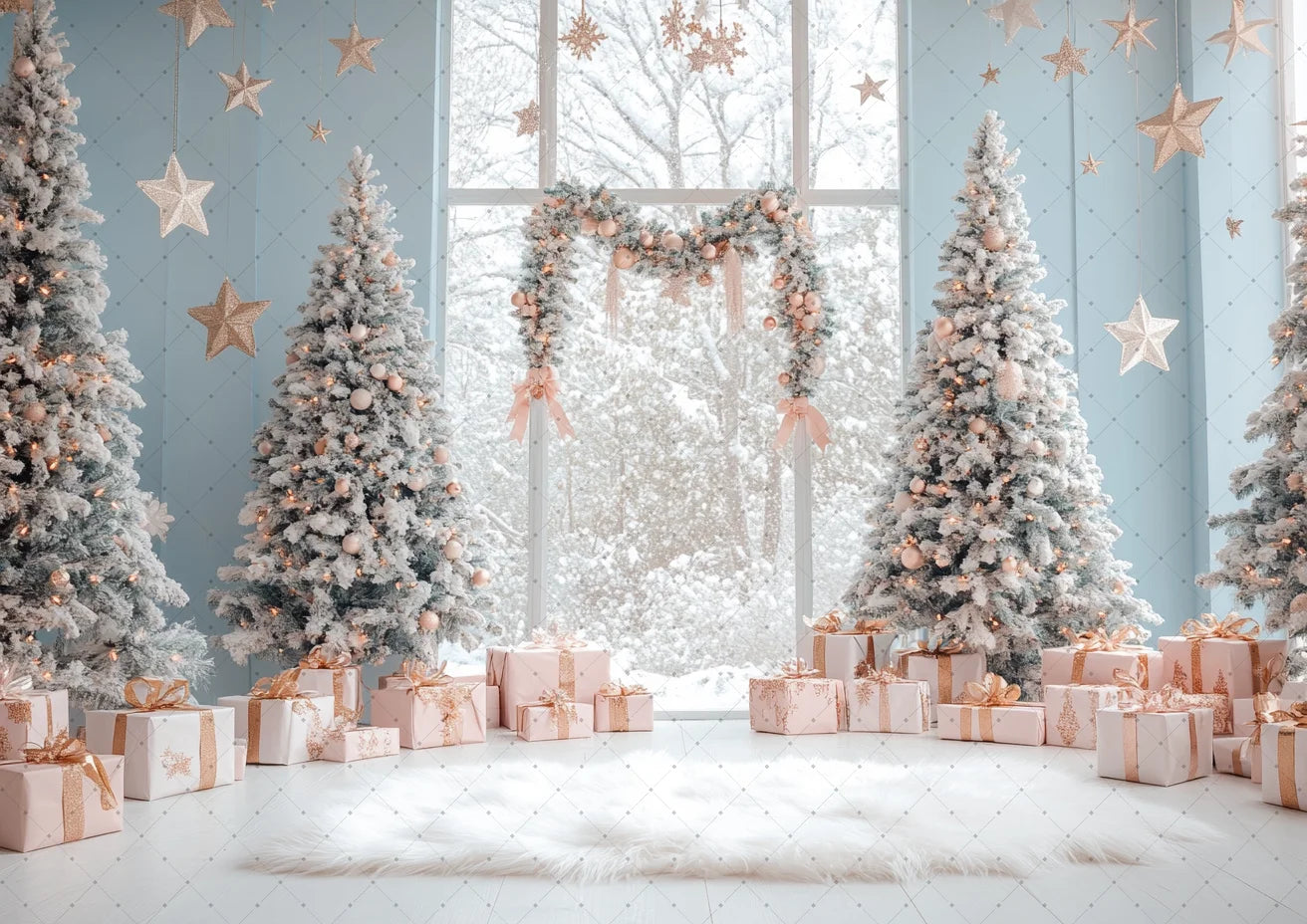 Photography Backdrop Christmas Trees Stars Newborn Birthday Portrait Window Tulle Curtains Gift Decor Photo Background