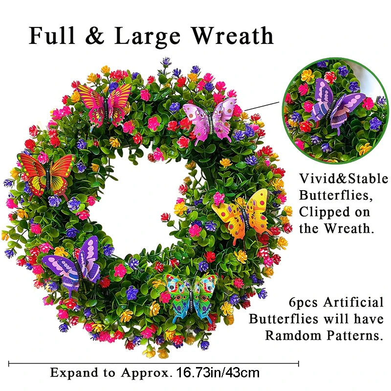 Artificial Flower Garland Eucalyptus Butterfly Wreath Summer Spring Decoration Door Living Room Home Decor Garden Patio Wall