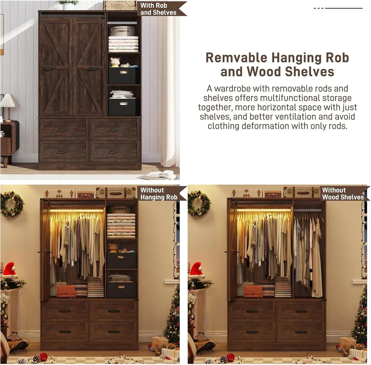 Farmhouse 3-Door Armoire With Sliding Barn Door LED Lighting Drawers