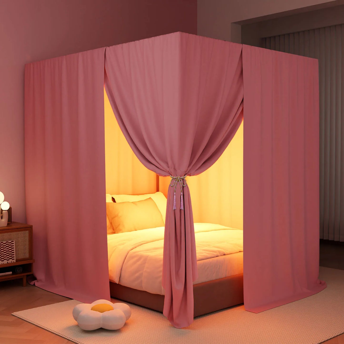 Pink/Black king Four Corner Post Bed Canopy Bed Curtains Sheer Canopy for Adults Bedroom Decoration Lightproof Windproof Twin
